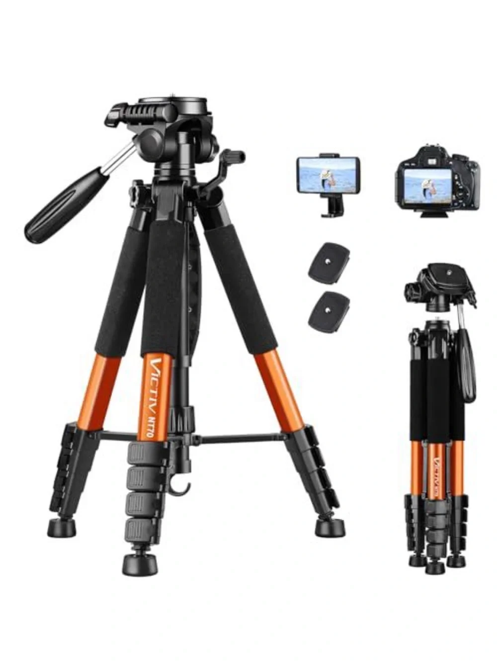 Orange Camera Tripod with Fluid Head and Phone Mount